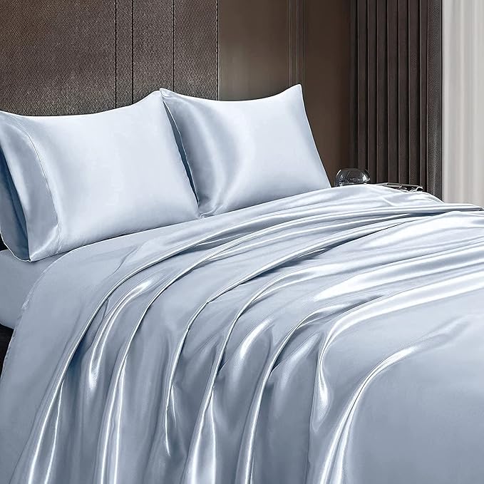 Homiest 3pcs Satin Sheets Set Luxury Silky Satin Bedding Set with Deep Pocket, 1 Fitted Sheet + 1 Flat Sheet + 1 Pillowcase (Twin XL Size, Baby Blue)