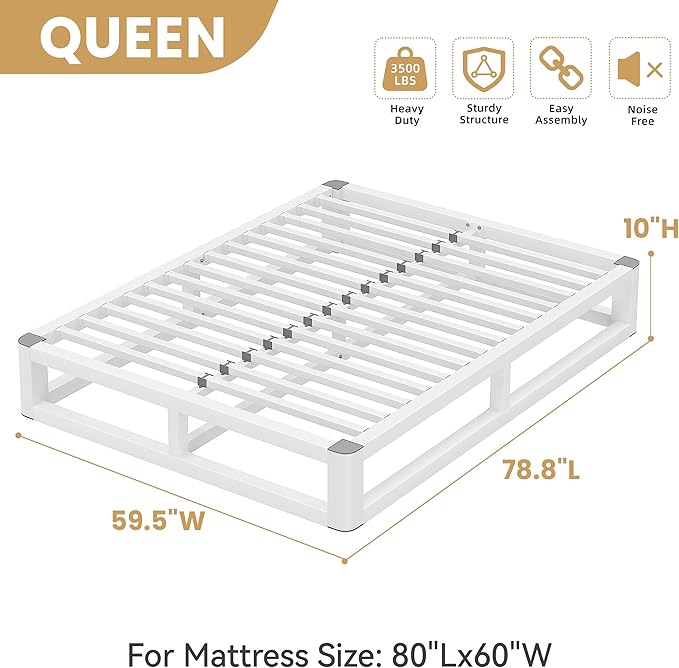 10 Inch Queen Bed Frame with Rounded Corner and Squeak Free U-Slot Design, Metal Platform Bed Frames 6 Non-Slip Guards, 3500lbs Heavy Duty Steel Slat Support, No Box Spring Needed, White