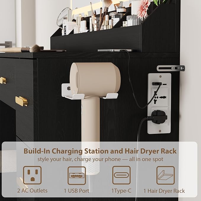 Garvee Vanity Desk with Large Mirror and Lights, 45.9 in Makeup Vanity Desk, 3 Lighting Modes Adjustable Brightness, Vanity Table with Power Outlet & 8 Drawers, for Powder Room and Bedroom