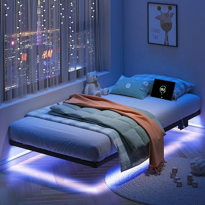 HAVONIZD Floating Bed Frame Twin with LED Lights and Charging Station - 8 inch Platform Bed Frame No Box Spring Needed, Easy Assembly