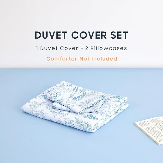 Wake In Cloud - Floral Duvet Cover Set, Botanical Vintage Flower Coquette Cottagecore Aesthetic for Women Teen Girls, Soft Lightweight Bedding, 3-Piece, Blue, Twin/Twin XL Size