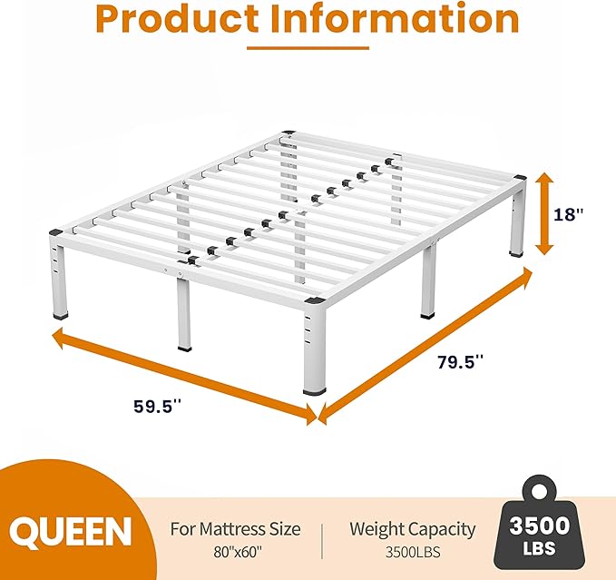 NKZ Queen Platform Bed Frame, 18 Inch Metal Bed Frame with Storage Space, No Box Spring Needed, Easy Assembly, Noise Free, 3,500 lbs Heavy Duty Steel Slats Support