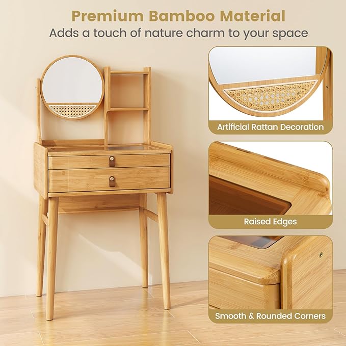 CHARMAID Small Vanity Desk with Mirror, Glass Top Bamboo Makeup Vanity Table with Storage Drawers & Shelves, Tabletop Groove, Rotatable Mirror, Compact Dressing Table for Bedroom Small Spaces, 23.5"W