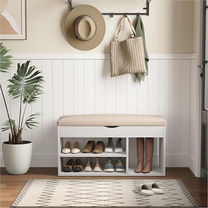 Apicizon 31 Inches Storage Bench with Padded Cushion, Shoe Bench with Storage Space, Upholstered Entryway Bench for Living Room, 2-Tier Shoe Rack Organizer, White