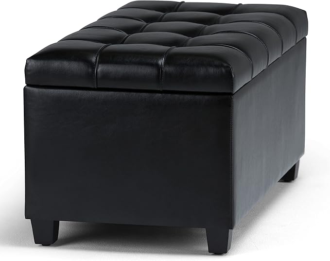 SIMPLIHOME Sienna Storage Ottoman Bench - 33 inch Wide Upholstered Vegan Leather Rectangle Storage Ottoman Bench in Satin Cream, Transitional Tufted Ottoman for Living Room or Entryway with Lift Top