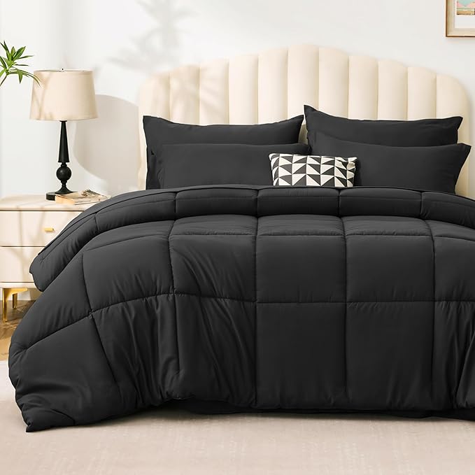 Love's cabin King Size Comforter Set Ash Black, 7 Pieces King Bed in a Bag, All Season Bedding Sets with 1 Comforter, 1 Flat Sheet, 1 Fitted Sheet, 2 Pillowcase and 2 Pillow Sham | Soft, Breathable, Lightweight, Comfortable