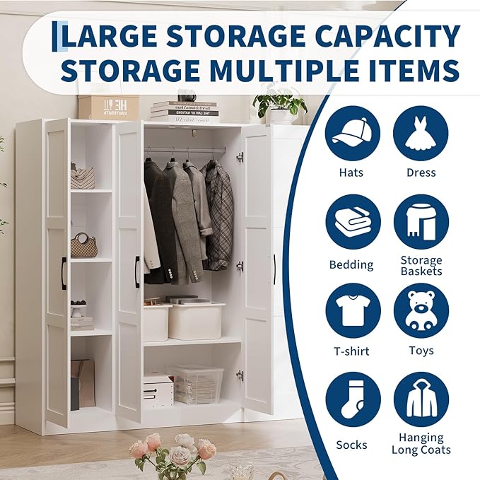 Garvee 3 Doors Wooden Wardrobe Closet, Morden Wardrobe Armoire with Doors and Shelves, Standing Closet Cabinet for Hanging Clothes, Large Capacity Storage Cabinet for Bedroom, White