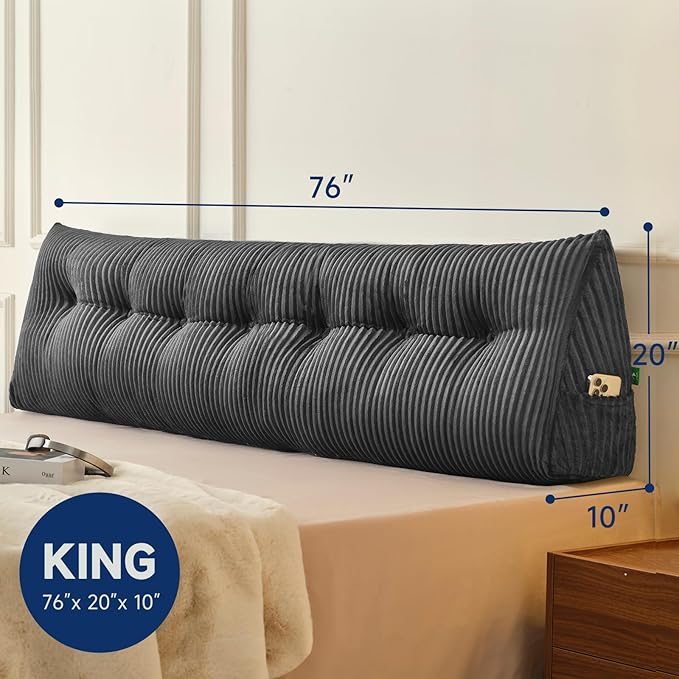 Z-hom Large Headboard Pillow King, NO ROLL Pillow, Wedge Pillow Headboard for Sitting Up in Bed, Backrest Support Triangular Cushion for Reading, Gap Pillow w/Removable Washable Cover,Grey