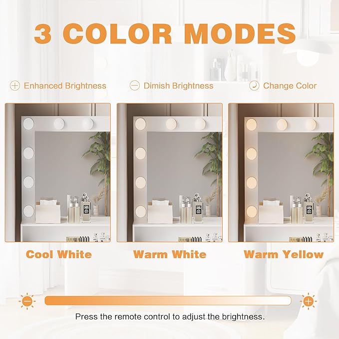 YESHOMY 39" Vanity Desk with Mirror & Lights, Makeup Vanity Table with Power Outlet & Storage Drawers, 3 Color LED Lighting, Dressing Table for Bedroom, Pure White
