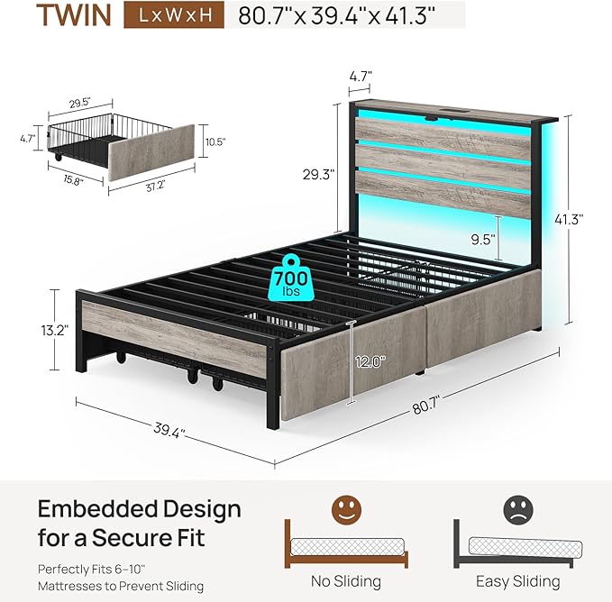 Rolanstar Twin Bed Frame with 4 Drawers, LED Lights and Charging Station, Metal Platform Bed with Storage Headboard, Noise Free, Easy Assembly, No Box Spring Needed, Light Grey
