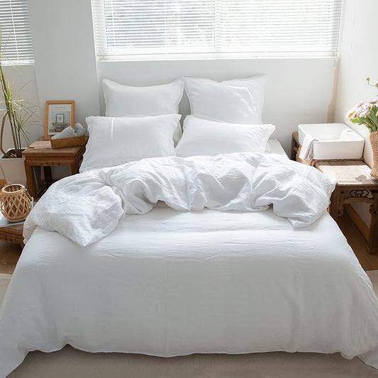 Simple&Opulence 100% Linen Duvet Cover Set 3pcs Basic Style Natural French Washed Flax Solid Color Soft Breathable Farmhouse Bedding with Button Closure - White, King