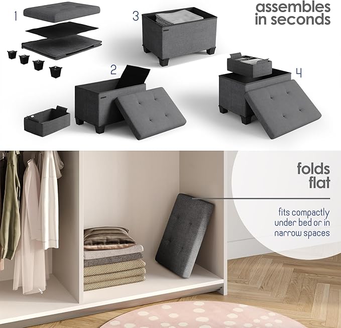 Storage Ottoman Cube with Small Bin, 16-in Square Ottoman with Storage for Living Room and Bedroom, Small Ottomans Foot Rest, Fabric Foot Stools Ottomans Max 330lbs, Grey