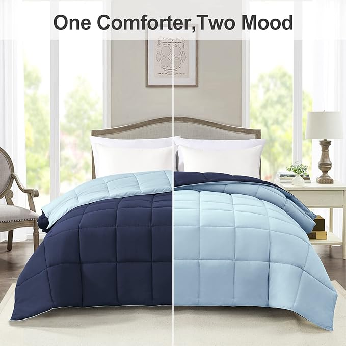Homelike Moment Oversized Queen Comforter - Blue Duvet Insert Down Alternative Bed Comforter, Lightweight Bedding Comforters Oversize Queen Quilted Soft All Season Reversible Navy/Light Blue