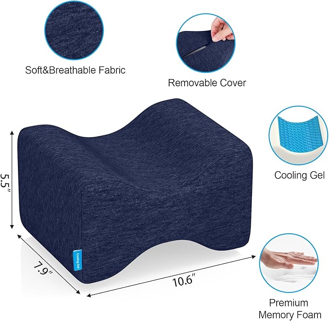 Knee Pillow for Side Sleepers with Cooling Gel, Memory Foam Elevation Pillow for Spine Aligning, Sciatica, Back, Hip, Knee, Ankle Pain, Blue/Regular