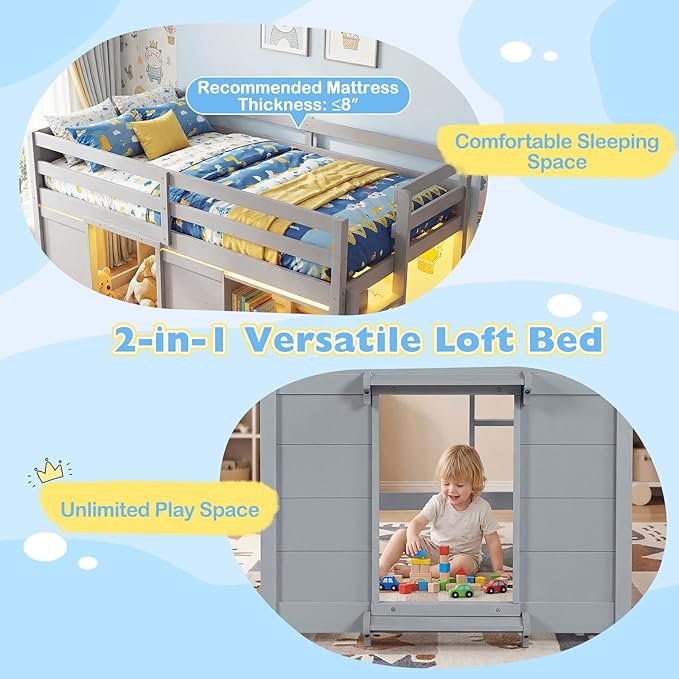 Giantex Loft Bed Twin Size with LED Lights, Wooden Low Bed Frames for Kids w/2 Doors, Under-Bed Play Space & Storage Bookcase, Modern Bedframe with Ladder & Safety Guardrail for Boys Girls (Grey)