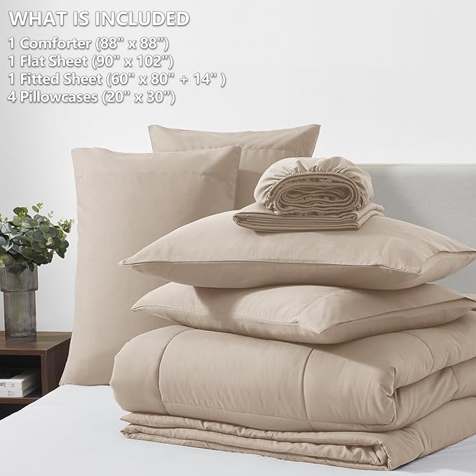 CozyLux Queen Comforter Set Wheat, 7 Pieces Bed in a Bag, Wheat Comforters Queen Size, All Season Bedding Sets with Stitch Quilted Comforter, Flat Sheet, Fitted Sheet, Pillowcases