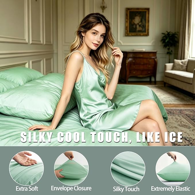 TELUS Cooling Pillowcases Queen Size 2-Pack, Silky Soft Breathable Pillow Case with Envelope Close, Stay Cool Pillow Cover for Hot Sleepers and Night Sweats, 20x30 Inch, Green