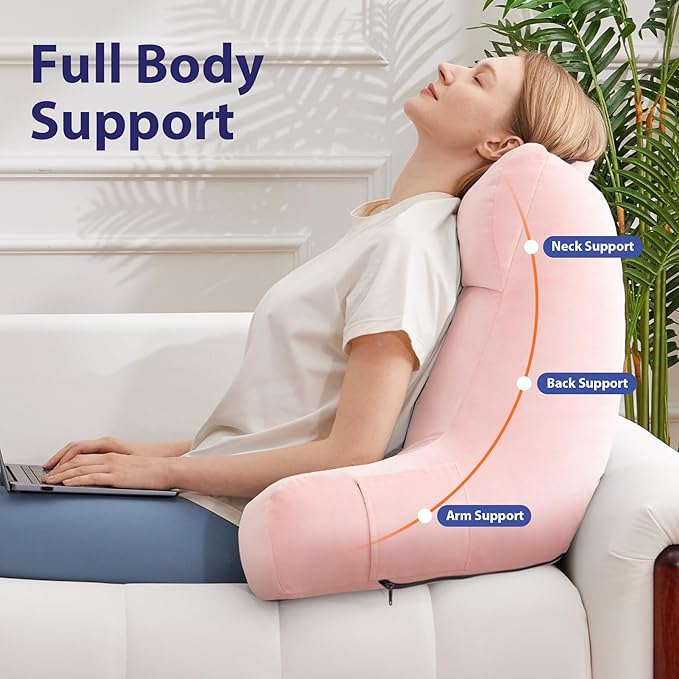 IPYNBAP Back Pillow for Bed Sitting up, Reading Pillow for Sitting in Bed Adult, Back Support Pillow, Memory Foam Sit up Lounge Backrest Pillow with Arms for TV, Couch, Chair, Dorm, 24 Inch, Pink