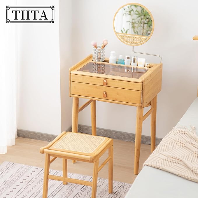 Tiita Vanity Desk, Makeup Vanity Table with Mirror, Dressing Table with 2 Drawers,Modern Wood Bedroom Vanity Vintage Dressing Table for Women Girls