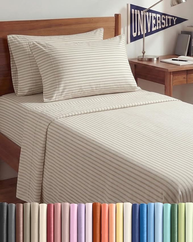 Twin XL 4 Piece Sheet Set - Comfy, Breathable & Cooling - Soft Hotel Luxury Bedding for Women, Men, Kids, Teens & Children - 1 Flat & 1 Fitted Sheet & 2 Pillowcases w/ Deep Pockets - Beige Stripes 2