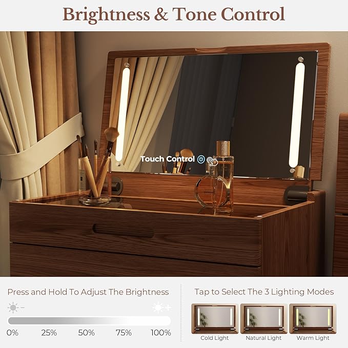 Muwuele Solid Wood Small Vanity Desk with Mirror and Lights, Narrow Makeup Vanity for Small Space, Flip Top Vanity Side Table, 3 Color Modes & Adjustable Brightness, 23.6" Slim Dressing Table, Walnut