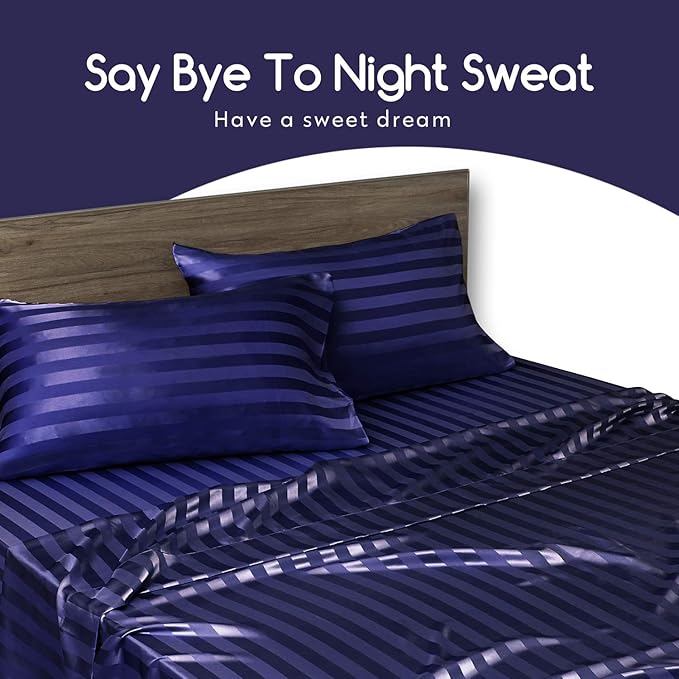 MR&HM Satin Pillowcase for Hair and Skin, Silk Satin Pillowcase 2 Pack, Standard Size Pillow Cases Set of 2, Silky Pillow Cover with Envelope Closure (20x26, Navy Blue Striped)