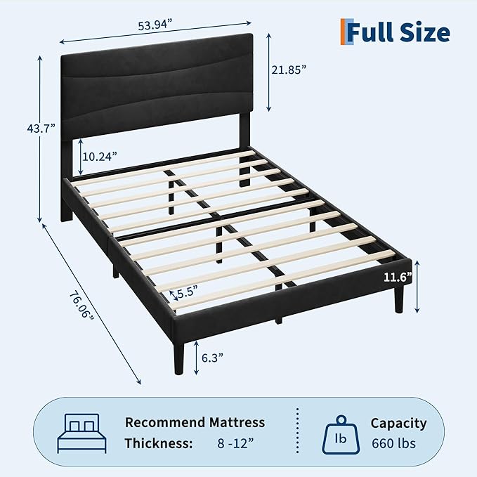 IDEALHOUSE Full Size Upholstered Platform Bed Frame with Ergonomic Headboard, Beige Soft Fabric, Heavy Duty Wooden Slats, Noise-Free, 6.3" Underbed Storage, No Box Spring Needed, Easy Assembly