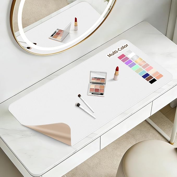 Makeup Mat for Vanity to Protect Desk Top 27.6 x 11.8 in, Dual-Sided Makeup Mat, Easy to Clean Desk Pad - Waterproof and Oilproof Vanity Accessories (White and Khaki)