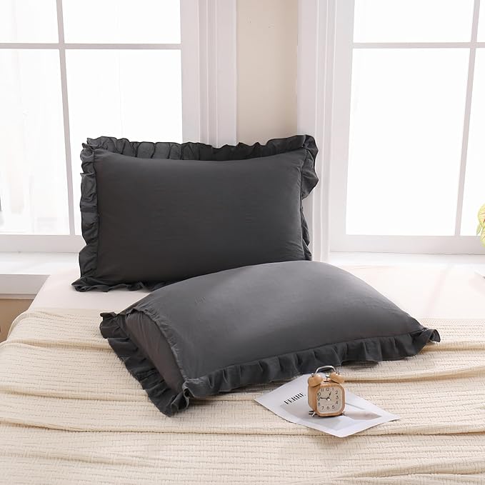 Merryword Dark Gray Pillow Shams Reversible Pillowcases Cute Pillow Cover Set of 2 Soft Shabby Chic Ruffled Pillowcases 2 Pack (Queen (20''x30''), Dark Gray)