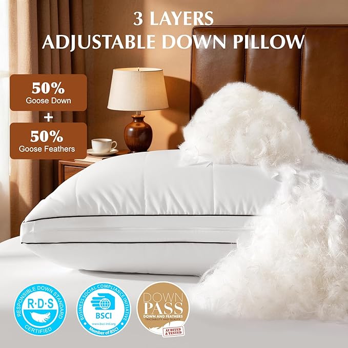3 in 1 Adjustable Goose Down Pillows King Size Set of 1, Cooling Cover Bed Pillows, Fluffy Soft Feather Down Pillow for Back, Stomach or Side Sleepers, 20" x 36"