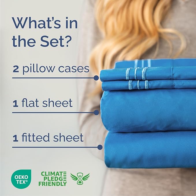 Queen Size 4 Piece Sheet Set - Comfy Breathable & Cooling Sheets - Hotel Luxury Bed Sheets for Women & Men - Deep Pockets, Easy-Fit, Soft and Wrinkle Free Sheets - Royal Blue Oeko-Tex Bed Sheet Set
