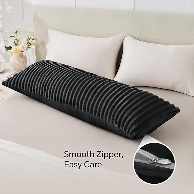 BEDELITE Fluffy Faux Fur Body Pillow Cover with Zipper, Luxury Plush 3D Striped Pillow Cover 20x54 Inches, Super Soft and Cozy Long Body Pillow Pillowcase for Bed Sofa Couch Room Decor(Black)