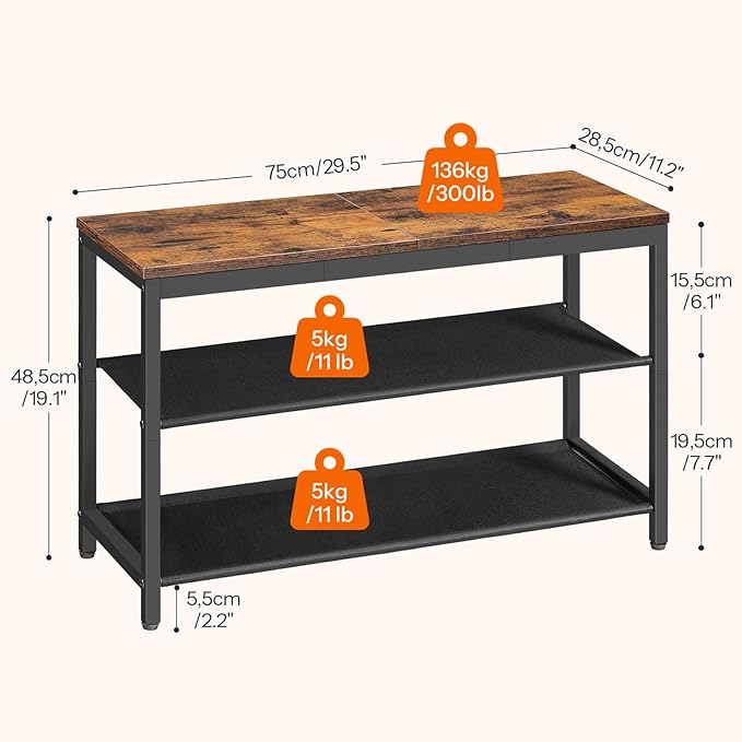 HOOBRO Shoe Bench, 3-Tier Shoe Rack Bench with Oxford Fabric Shelves, 29.5" L Industrial Shoe Storage Organizer for Hallway, Living Room, Holds Up to 300 lb, Space-Saving, Rustic Brown BF77HX01