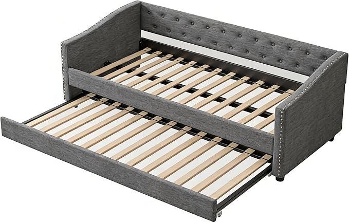 Upholstered Daybed with Trundle, Twin Size Day Bed w/Button-Tufted Back and Piping on Waved-Shape Arms for Bedroom or Guest Room, No Box Spring Required, Dark Gray