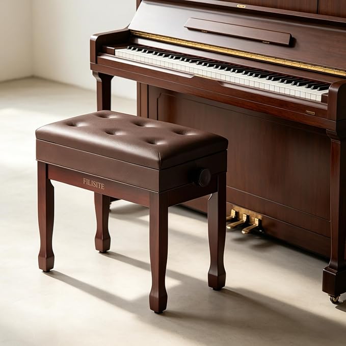 Adjustable Height Piano Bench Stool PU Leather Cushion Wooden Keyboard Seat with Music Storage (Brown)