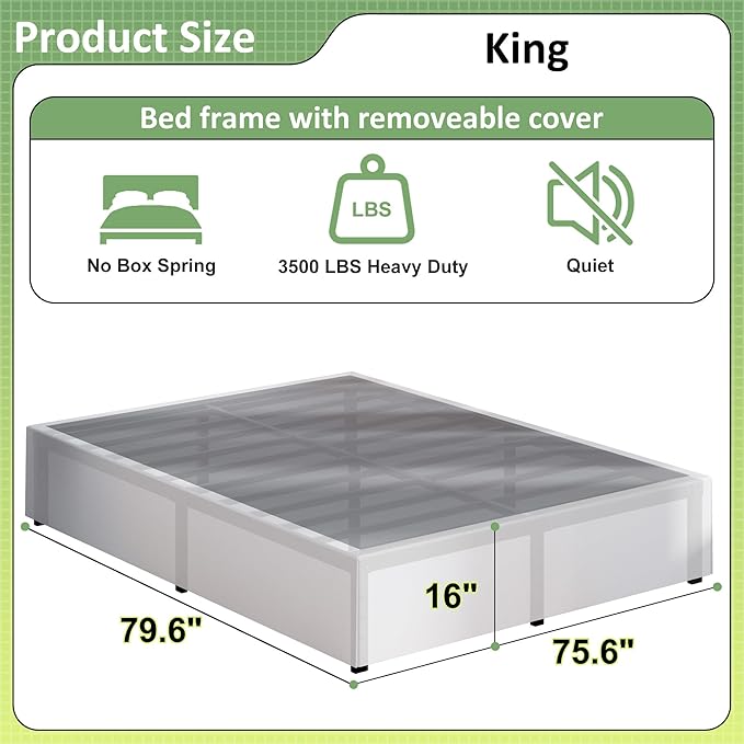 Upcanso 16 Inch King Size Bed Frame with White Skirt Cover, Metal King Bed Frame with Storage, No Box Spring Needed, Heavy Duty, Easy Assembly, Noise Free, Mattress Foundation