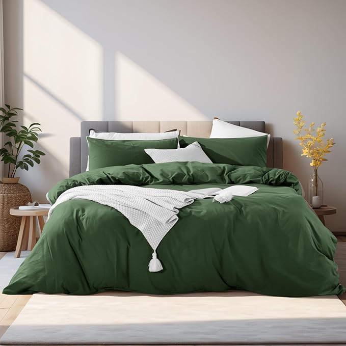 NEXHOME PRO Duvet Cover Set California King Linen Look Textured Organic Natural 100% Washed Cotton Duvet Cover 3 Pieces Bedding Set with Zipper Closure, Breathable, Forest Green (No Comforter)