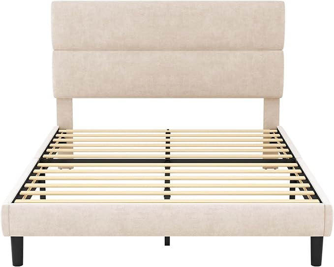 GRUSIGN Queen Size Platform Bed Frame with Velvet Headboard, Adjustable Height Wooden Slats Support, Upholstered Mattress Foundation, Fits Mattress or Mattress with Box Spring, Easy Assembly, Beige