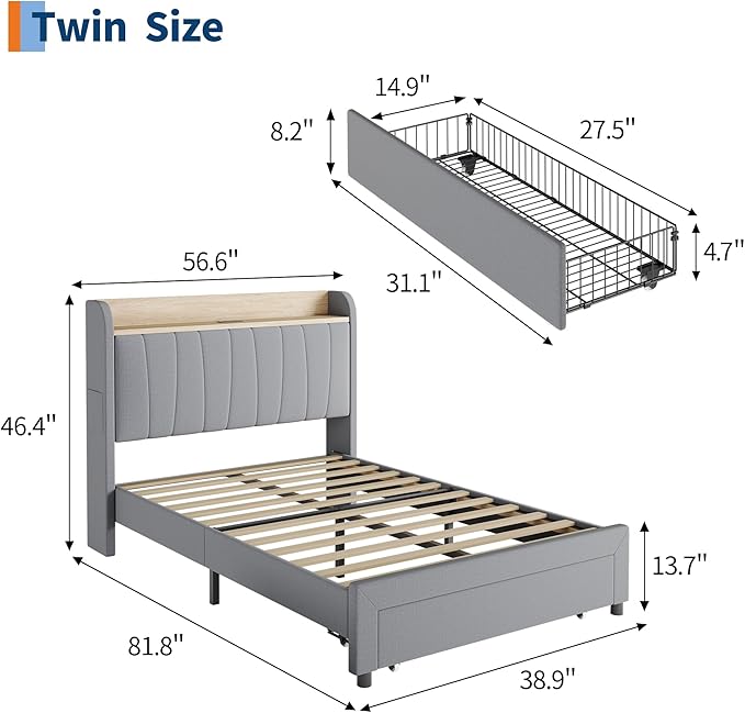 GarveeHome Twin Size Bed Frame with Storage Headboard and Charging Station, Upholstered Platform Bed Frame with Drawers, Heavy Duty, No Box Spring Needed, Easy Assembly, Grey