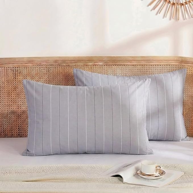 Merryword Gray Striped Pillowcases, 100% Cotton Pillow Cases, Standard Size Pillowcases, Soft Breathable Pinstripe Pillow Covers, Set of 2