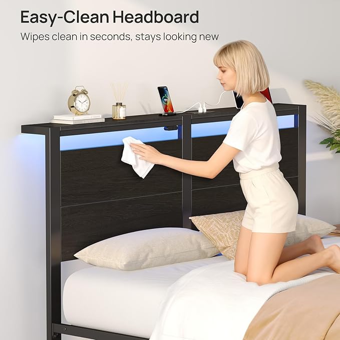 Rolanstar Queen Bed Frame with Headboard, Bed Frame Queen with LED Lights, Camas Queen Size Bed with Charging Station, Solid Metal Slats, Noise Free, No Box Spring Needed, Black Oak