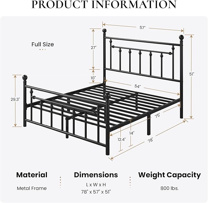 SHA CERLIN 14" Full Size Metal Platform Bed Frame/Victorian Headboard and Footboard/Steel Slats Mattress Foundation for Storage/No Box Spring Needed/Noise Free/Black