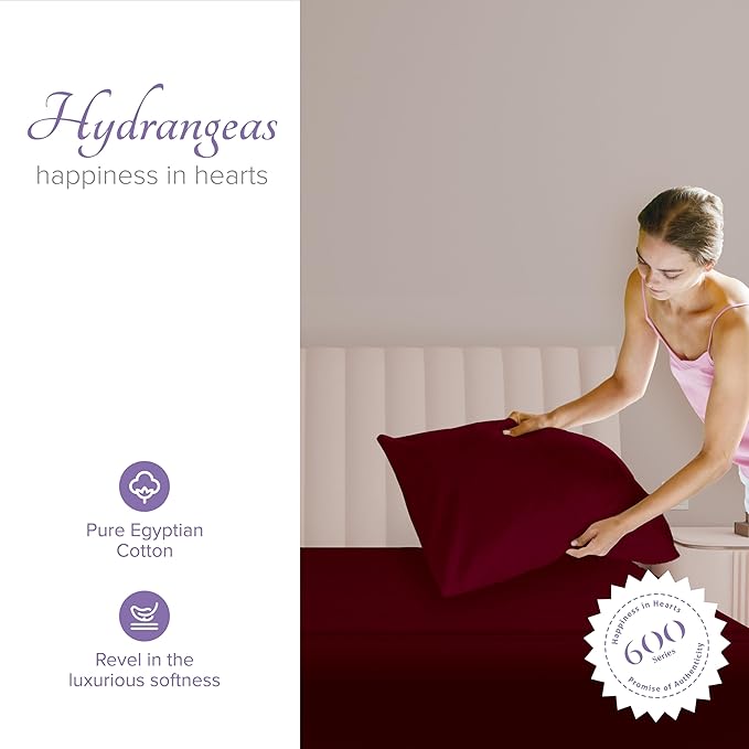 Carressa Linen 100% Egyptian Cotton King Size Pillow Cases Set of 2 - Luxury 600 Series Hydrangeas Collection King Pillowcases (Burgundy), Soft Cooling, Sateen Weave Hotel Quality Bed Pillow Cover