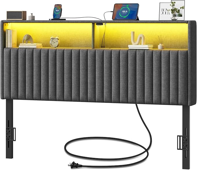Rolanstar Headboard for Full Size Bed with Storage, Head Board with USB & Type C Port, 60,000 DIY Color of LED Light, Velvet Upholstered, Height Adjustable, Sturdy, Easy Assembly, Grey