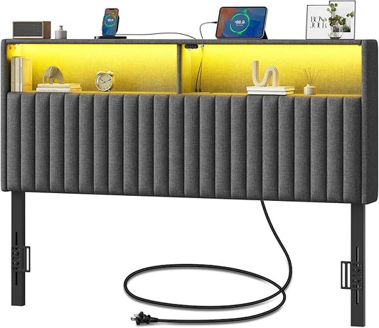 Rolanstar Headboard for Full Size Bed with Storage, Head Board with USB & Type C Port, 60,000 DIY Color of LED Light, Velvet Upholstered, Height Adjustable, Sturdy, Easy Assembly, Grey