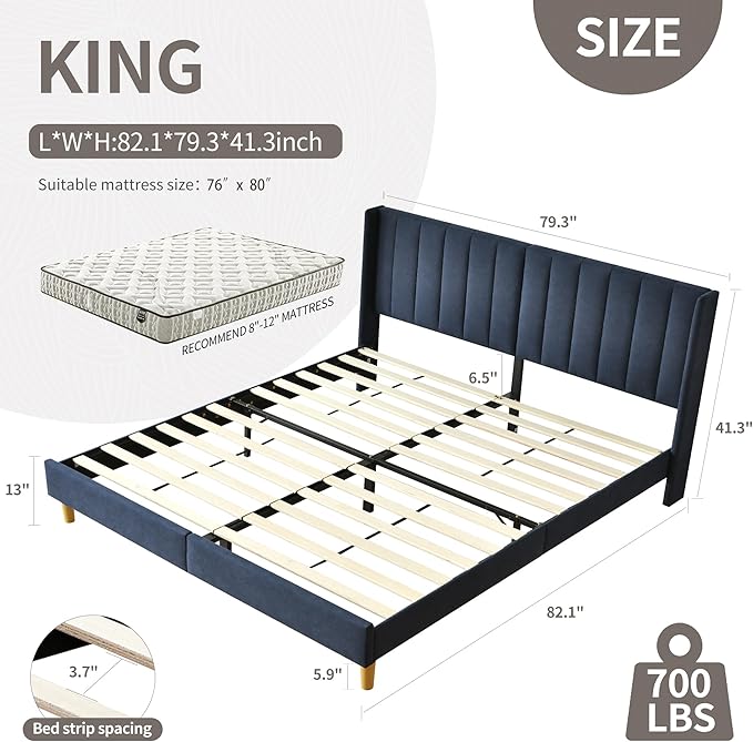 YUHUASHI upholstered Platform Bed Frame/King Bed Frame/Modern Geometric Double-Wing Design headboard/Linen Fabric/Easy to Assemble no Noise (Navy Blue, King (U.S. Standard))