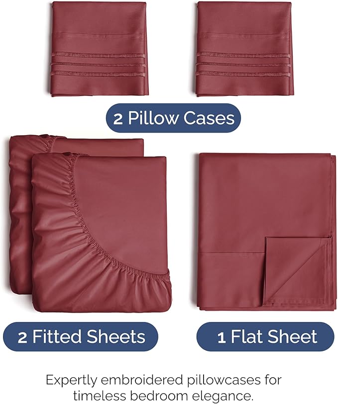 Split King Size 5 Piece Sheet Set - Comfy Breathable & Cooling Sheets - Hotel Luxury Bed Sheets for Women & Men - Deep Pockets, Easy-Fit, Soft & Wrinkle Free Sheets - Burgundy Oeko-Tex Bed Sheet Set