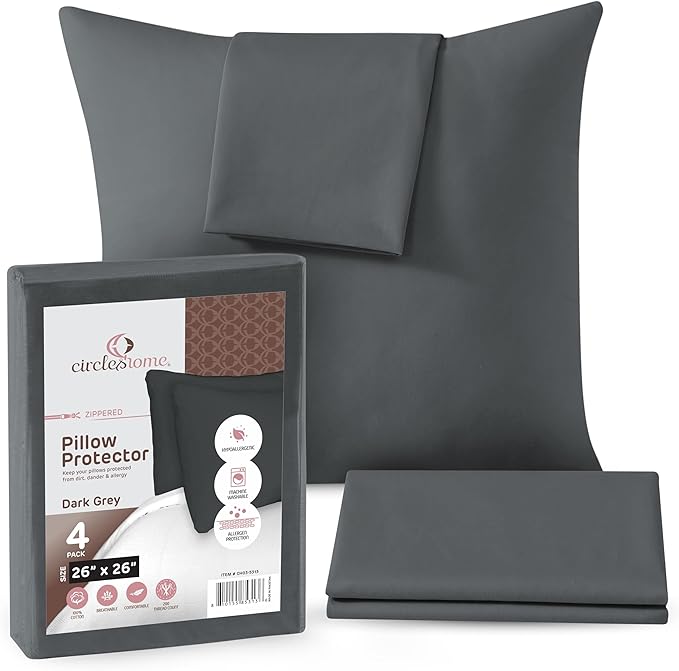 CIRCLESHOME European Pillow Protectors - 100% Cotton Breathable Pillowcases - 26 X 26 Square Pillowcases - Protects Pillows from Dirt, Dust and Debris (European- 4 Pack- 26x26)