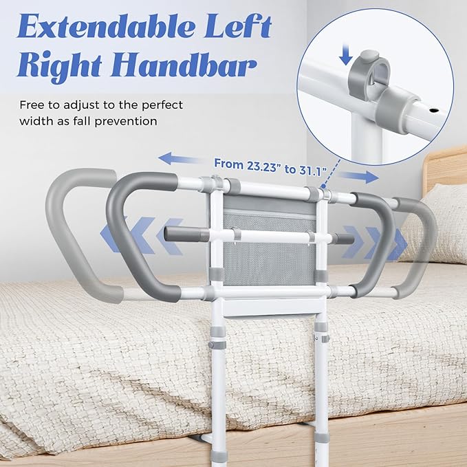 Bedside Rail for Elderly Safety Adjustable Bed Aid with Storage Pocket, Non-Slip Handle,400 lbs Gravity Capacity Gray(Stand-Compatible with Bed Frames 13.19" or Higher)