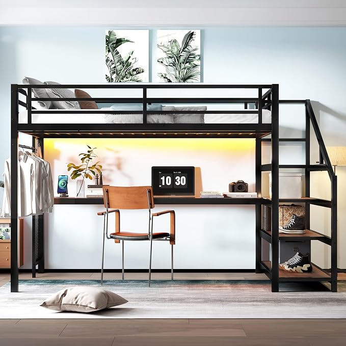 Queen Size Loft Bed with Desk and Storage Stairs,Metal Heavy Duty Loft Bed Queen Size with LED Light, Charging Station, LoftBed Frames for Teens, Adults, No Box Spring Needed, Black